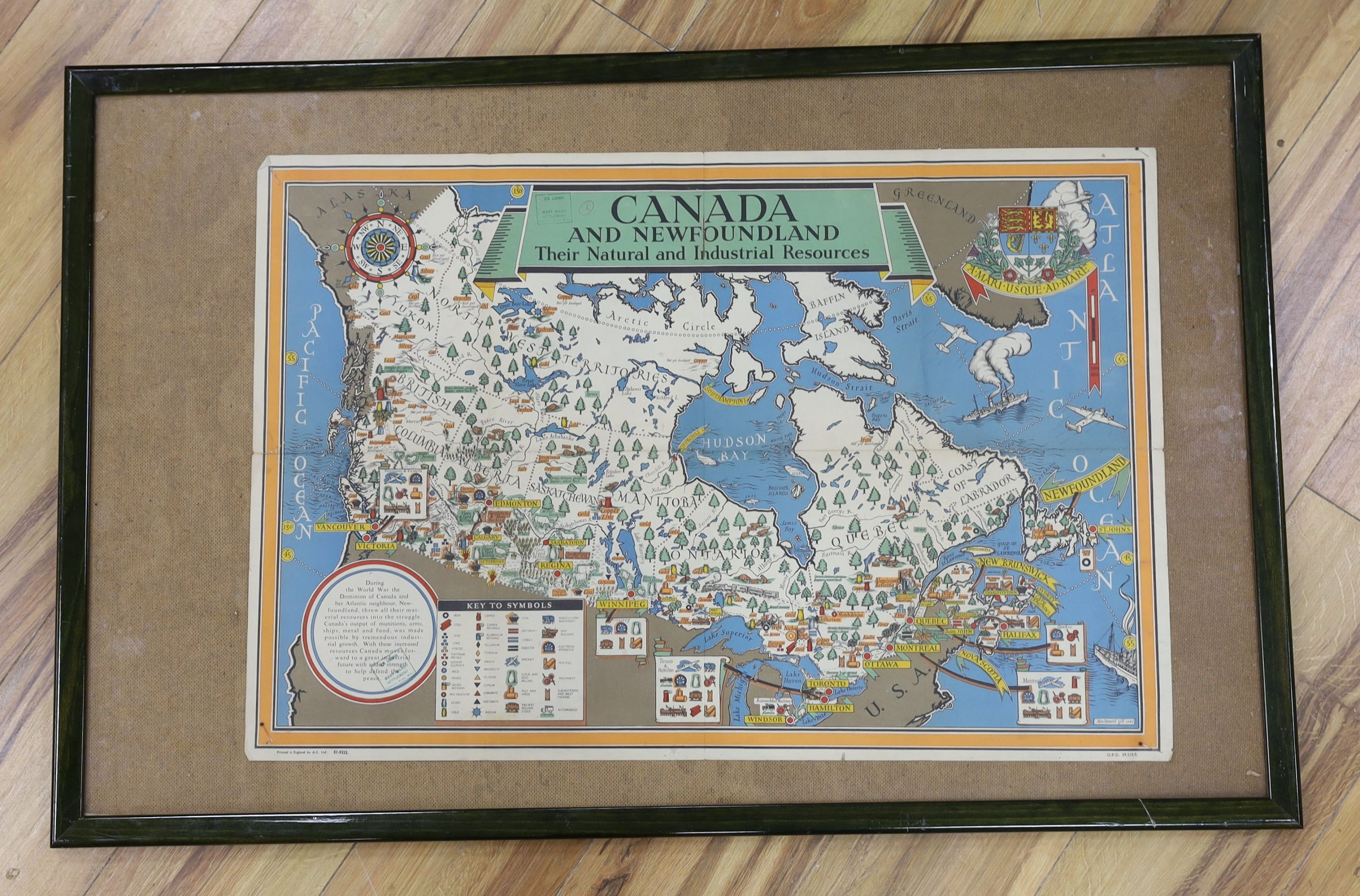 Macdonald Gill (1884-1947), A.C. Limited colour print, Poster of Canada and Newfoundland, their natural and industrial resources 1942, 51 x 75cm